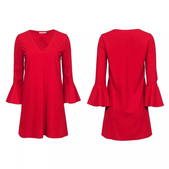 Alice + Olivia Red 3/4 Bell Sleeves V Neck Mini Shift Dress - Picture 4 of 16